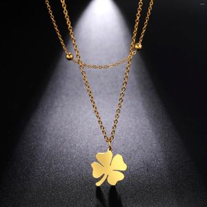 Pendant Necklaces Teamer Four-leaf Clover Double Layer Necklace For Women Stainless Steel Bead Chain Choker 2022 Jewelry Gift Wholesale