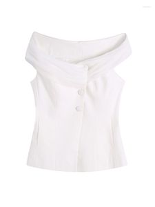 女性のベスト2022ファッションオフィスレディエレガントなチュールパッチワークラウンドネックフィットチョッキフロントボタンeveeveless白いベストジャケットの女性