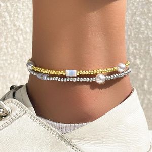 Anklets Bohemia Multi-layer Bracelet Gold Color Beads Chain Anklet Sandals Pearl Barefoot Summer Beach Foot Bridal Jewelry