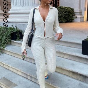 Damen Jumpsuits Strampler BOOFEENAA Button Ribbed Strickoverall Zweiteiler Set Herbst Winter Kleidung Sexy Weiß Langarm Figurbetont C88GE50 221115