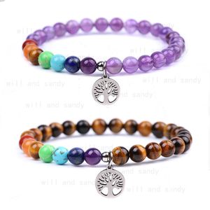 Natural Stone Beaded Strand Bracelets Yoga 7 Chakra Amethyst Tiger Eye Turquoise Tree of Life Charm Bracelet for Women Fashion Jewelry