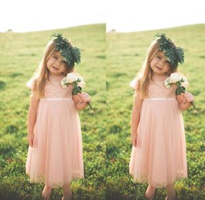 Country Style Blush Pink Spitze und Chiffon Kleinkind Blumenmädchen Kleider für Hochzeit