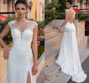 Boho Lace Illusion Back Wdding Dress 2023 Satin Side Split Beach Bride Suknie dla kobiet Sexy Vestido de novia Custom Made