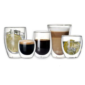Mugs Set of 2 or 6pcs Creative Double Wall Heat Resistant Glass Coffee Cup for Drinkware Tea Latte Espresso Coffee Mug 80ml200ml 221114