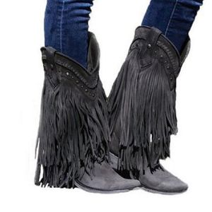 Bot Botları Kadınlar İçin Bot Botlar Retro Retro Fringe Tassel Taşınan Topuk Midcalf Botlar Moda Sonbahar Kış Ayakkabıları Büyük Boyut Botas Feminas 221114