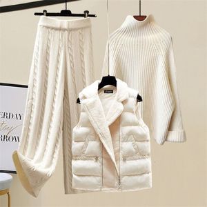 Womens Two Piece Pants Winter Warm 3 Sets Outfits Office Ladies Turtleneck Knitted Sweaterwoolen Parkas Vestwide Leg Pant Kintting Set 221115