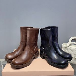 miumius Fashion Boot Damen-Stiefelette, Designer-Luxus, runder Kopf, klobiger Reißverschluss, hergestellt, alte Wischfarbe, Wurzelschwarz, braunes Abendkleid, Reitstiefel, Fabrikschuhe, Größen 354