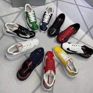 Tênis masculino de tecido de bicicleta America's Cup Couro envernizado Sapato raso Bota de borracha Tênis de grife Vermelho Azul Mesh Nylon Sapatos casuais NO53