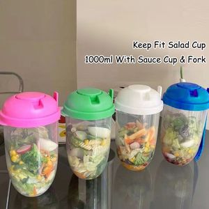 Contenitori per insalata in plastica con coperchi per il pranzo Contenitore per insalate a forma di bottiglia con tazza per salsa a forchetta