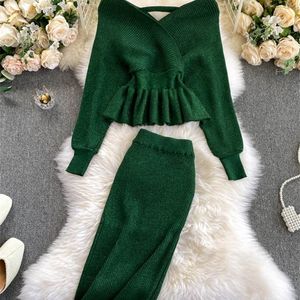 Two Piece Dress Women Korean Style Cross Vneck Puff Sleeve Short Waist Top Elastic High Pleated Skirt Knitting D040 221115