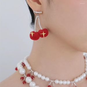 Baumeln Ohrringe MENGJIQIAO Koreanische Winter Süße Samt Rote Kirsche Tropfen Für Frauen Mädchen Trendy Metall Stern Pendientes Hochzeit Schmuck