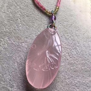 Colares pendentes pingentes de cristal natural fino rosa de mão esculpida em fada clássica de fada turmalina colar de corrente de camisola para mulheres joias