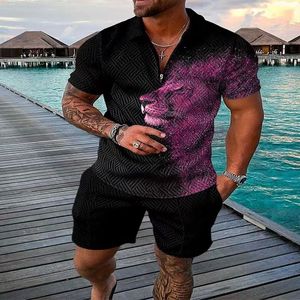 Wholesale 2040 of New Models Mens Shorts Tracksuits Male Summer Casual Print Zipper Turn Down Collar Blouse Short Sleeve Tops Shirt Suits for Men