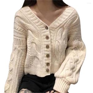 Kvinnors stickor Kvinnor V-ringning Knapp Vintage Knit Cardigan Droppad axelhylsa Tröja Autumn Casual Solid Color Long Lazy Knitwear