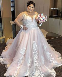 Plus Size Wedding Dress Blush Pink With Long Sleeve Lace Appliques Bridal Gowns pearls a-line large size Sweep Train Gorgeous