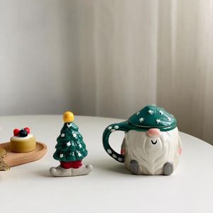 マグカップグリーンクリスマスツリースターペッパーセラーピュアハンドドローイングサンタクロースカップ付きセラミックマグコーヒー
