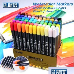 Markörer sta 80Colors Ställ in vattenbaserat bläckskissmarkörpennor Twin Tip Fine Brush Pen For Graphic Ding Manga Art Supplies 211104 Drop DH0DL