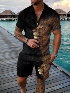 Partihandel med nya modeller M￤n shorts Tracksuits Male Summer Casual Print dragkedja St￤ng ner krage blus kort ￤rm toppar skjorta kostymer f￶r m￤n