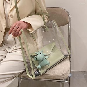 2 Pcs Green Summer Luxury Handbag Women Transparent Clear PVC Jelly Large Capacity Shoulder Bag Female Tote