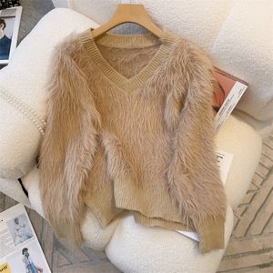 Women's v-neck faux fur warm thickening sweater pullover jumpers solid color tops