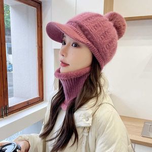 Beanie/Totenkopfkappen Brandneue Herbst-Winter-Mützen-Kappen-Frauen-warme Wollschal-Strickmütze-Satz-weibliches Kaninchen-Pelz-winddichte Samt-Kappen-Großverkauf T221020