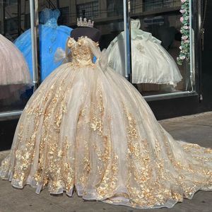 Золотые платья Quinceanera Appliques длинные поезда цветок Sweet 15 16 лет вечеринка по случаю дня рождения выпускное платье Мисс Гала -ХАЛОД