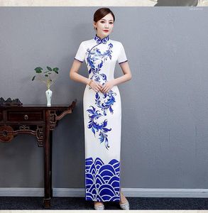 Etnisk klädklassisk cheongsam överdimensionerad 3xl 4xl 5xl kvällsfest smal lång klänning kinesisk vintage knapp blomma tryck dam satin qipao