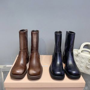 miui Fashion Damen-Stiefel, Knöchelstiefel, Designer-Luxus, runder Kopf, klobiger Reißverschluss, hergestellt, alte Wischfarbe, Wurzelschwarz, braunes Abendkleid, Reitstiefel, Fabrikgrößen 35–40, miumius