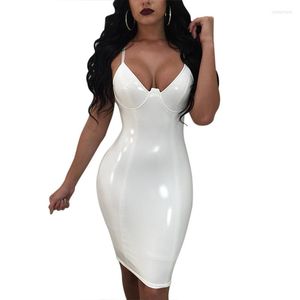 Lässige Kleider Sexy Wet Look Reißverschluss Spaghettiträger Midi, figurbetontes Kleid 2022 Ärmellos Clubwear Party Vinyl Leder Schwarz Weiß Rot Rosa