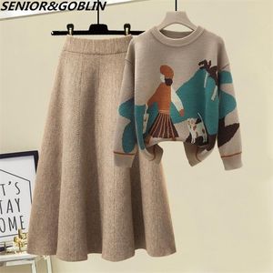 Two Piece Dress est Autumn Winter High Quality Long Sleeve Knitted Loose Pullover SweaterWomen Waist A Line Skirt 2 Set 221115