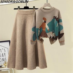 Tvådelt klänning est Autumn Winter High Quality Långärmning Stickad Loose Pullover tröja Women Midja en linjekjol 2 Set 221115