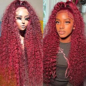 Deep Wave 30 32 Inch Burgundy 13X4 Lace Front Wig 99J Red Colored Curly Human Hair Wigs For Women T Part Frontal