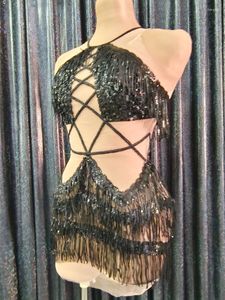 Stage Wear Shining Black Fringes Dress Women Sexy Mesh Veja através de Mini Vestidos Dance Costume Performance