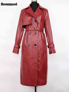 Nerazzurri Spring Long Wine Red Faux Faux Leather Trench Trench Coat for Double Breched Luxury Designerスタイリッシュな防水レインコートJ220727