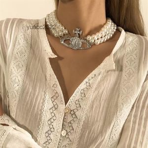 Pendant Necklaces West Vivian Westwood Vivian multilayer double layer pearl diamond Saturn Necklace light luxury net red same clavicle v