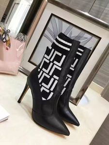 Top Pointed Women's Short Boots Fashion Letter Jacquard Leather Elastic Stitched High Heels 3.5 11cm Luxury Party Wedding Dress Shoe Box Size 35-40