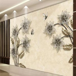 Sfondi Carta da parati decorativa 3D Tridimensionale Gioielli in oro Fiore TV Sfondo Pittura murale