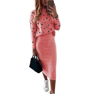 Two Piece Dress 2pcsSet Women Blouse Skirt Sets Fivepointed Star Print Sweatshirt Winter Bodycon Pencil Suit for Womens Set Clothing 221115