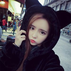 Women's Fur Autumn Winter Women Cute Girl&#039;s Faux Velvet Long Sleeve Hooded Bear Ears Medium Coat Casacos SMLXL