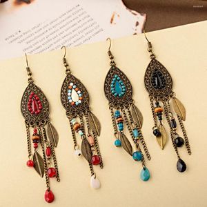 Dangle Earrings Boho Antique Gold Color Long Leaf Tassel For Women Vintage Colorful Beads Chain Drop Jewelry 2022
