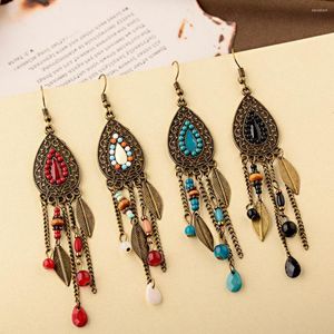 Brincos dangle Boho Antique Gold Color Long Leaf Tassel para mulheres Vintage Rios coloridos Jóias de queda de corrente 2022