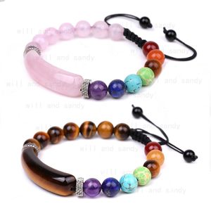 Bracelet de bracelete de miçangas de pedra natural Fil de barbante trançada ajustável Pedra de gemethyst tigre olho de olho de ioga de ioga 7 contas de chakra bracelets para jóias de moda feminina