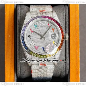 RF 41MM 126334 ETA A2824 Automatyczna męska zegarek Rainbow Bezel 904 Stal Bieged Diamond Color Kolory Arabic Script W pełni lodowany 904L Bransoletka ze stali nierdzewnej Puretyme F6