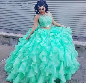 Два кусочка кружевные бирюзовые платья Quinceanera 2019 Crystal Crystal Organza Ball Plows Sweet 16 платье