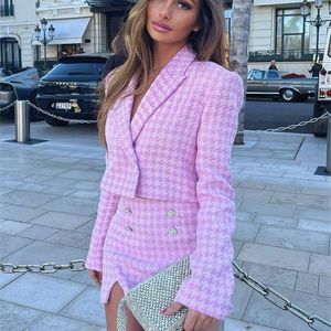 Womens Two Piece Pants Shorts Sets Outfits Elegant Houndstooth Tweed Set Cropped Blazer And High Waist Skort False Bejeweled Button 2 Suit 221115
