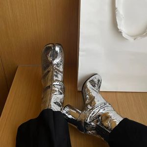 2024BOOTS SILVER TABI Split Toe Chunky High Heel Leather Zapatos Mujer Autumn Women Shoes Botas7