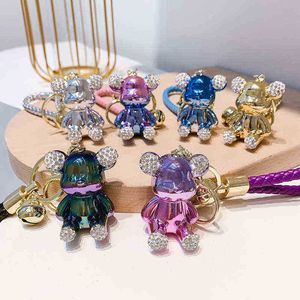 Keychains Cute Electroplated Bear Key Chain with Woven Leather Rope Pendant Animal Keychain Fashion Doll Bag Auto Key Ring For Girls Gift T220909
