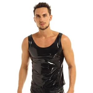 Men's Vests Mens Sexy Glossy Leather Tank Tops Sleeveless Erotic Shaping Casual Top Vest Male Shiny Latex PVC Patent Leather T-shirts Sexi