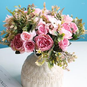 装飾的な花1pcs/30cm秋の牡丹の混合ブーケローズ人工結婚式の家のdiyデコレーションクラフト白い偽の花