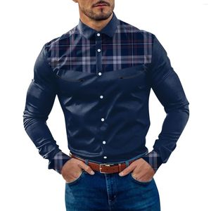 Mäns casual skjortor lång skjorta lös blus knapp ner mens mode pläd lapptäcke färg monterad tröja ullväst